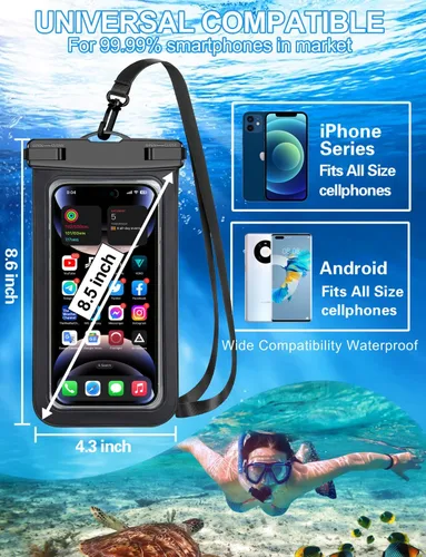 Miniatura 3 de Bolsa impermeable para teléfono, paquete de 2 fundas impermeables para teléfono blanco y negro, bolsa seca para teléfono celular, nivel