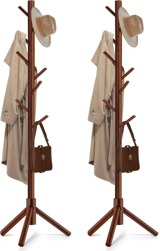 Miniatura 12 de Perchero de madera maciza independiente, árbol de pino de Nueva Zelanda con 8 ganchos y 3 tamaños ajustables para abrigos, sombreros, bolsos