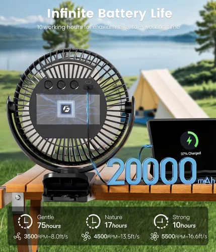 Miniatura 2 de Korbot Ventilador de clip de 8 pulgadas, batería portátil de 20000 mAh recargable con 3 velocidades y fuerte flujo de aire, ventilador USB