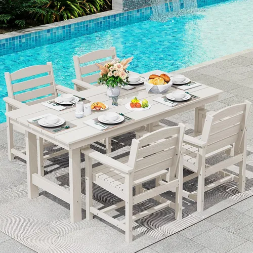 Miniatura 48 de SERWALL Juego de Mesa de Comedor de HDPE para Exteriores, Juego de 7 Piezas de Mesa de Comedor al Aire Libre con Mesa con Corte para Agujero de Gris