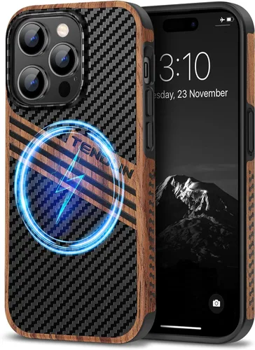 Miniatura 9 de TENDLIN Funda Magnética Compatible con iPhone 14 Plus Funda de Madera con Textura de Fibra de Carbono Diseño Híbrido de Cuero Cubierta Delgada Negro