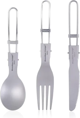 Miniatura 8 de iBasingo Cuchillo de tenedor de titanio con mango plegable, utensilios de vajilla ultraligeros para camping, picnic al aire libre, senderismo