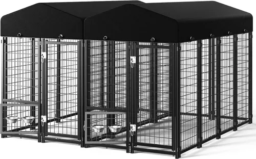 Miniatura 10 de Perrera para Perros al Aire Libre, Perrera para Perros con Techo y Comederos Giratorios/Puerta para Perros Desmontable Permite Conectar Su Casa