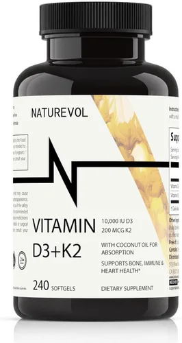 Vitamina D3 10,000 UI + K2 200mcg, con aceite de coco, 240 cápsulas blandas | Extra Strength Vitamin D & K Complex • High Absorption Formula • One
