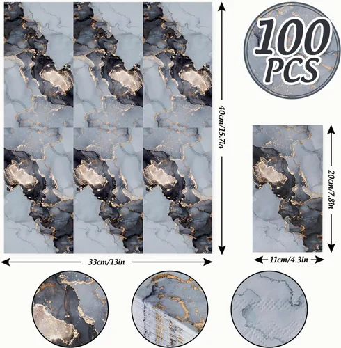 Miniatura 2 de AnyDesign Paquete de 100 servilletas de mármol desechables elegantes servilletas de papel azul dorado marmoleado toallas de mano para el hogar