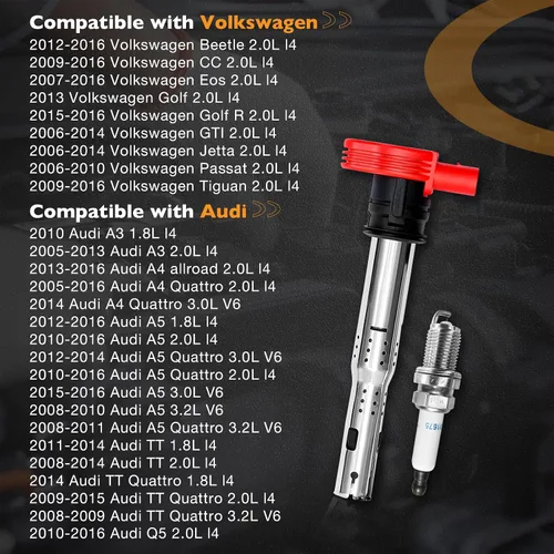 Miniatura 2 de Paquetes de bobinas de encendido UF529 y bujías (juego de 4), compatible con Volkswagen Tiguan/Jetta/CC/GTI/Passat, Audi A4/A5/Q5/A3/TT y más 2.0L