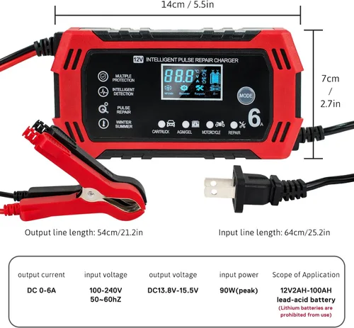 Miniatura 2 de Cargador de batería de automóvil, cargador y mantenedor de goteo de 12 V y 6 amperios, cargador de batería completamente automático inteligente