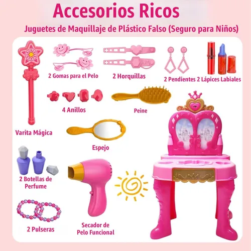 Miniatura 2 de Juego de maquillaje mágico para niños pequeños, mesa y silla, espejo automático con música, color rosa claro, juguetes para niñas de 3, 4, 5 años