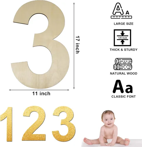 Miniatura 2 de HILAZA Tablero grande de madera de 17 pulgadas con número 3, 1/4 de pulgada de grosor, sin terminar, de madera en blanco, para decoración de pared