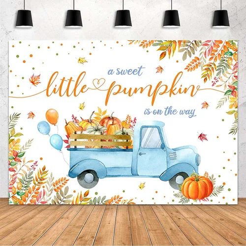 MEHOFOND Telón de fondo de calabaza para baby shower de 7 x 5 pies, diseño de calabaza dulce está en camino, fondo azul para fotografía de hojas de