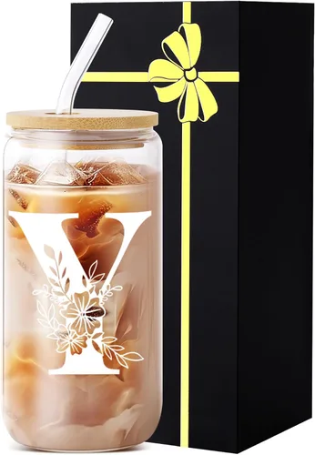 Miniatura 20 de Vaso de vidrio con monograma con tapa, pajita, idea de regalo de moda para amantes del café para mujeres y adolescentes, regalo personalizado