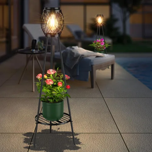 Miniatura 8 de MXwcy Lámpara de pie solar con soportes para plantas, luces solares para exteriores con bombillas LED Edison vintage, luces de jardín resistentes a