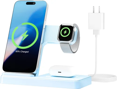 Estación de carga inalámbrica para dispositivos Apple: 3 en 1 plegable Qi compacto soporte de carga compatible con fundas para iPhone 17-12 y Apple