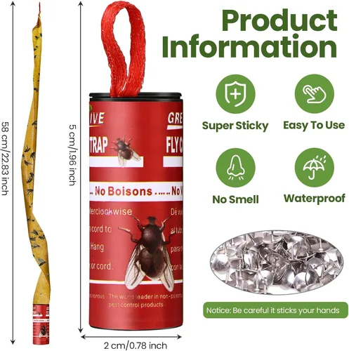 Miniatura 2 de Qualirey Paquete de 80 tiras adhesivas para moscas para interiores y exteriores, cinta adhesiva para colgar insectos voladores, trampas para Rojo