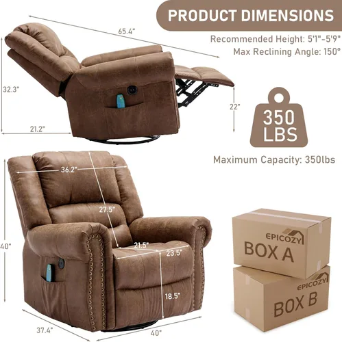 Miniatura 2 de Sillón reclinable giratorio manual con calor y vibración, mecedora giratoria de 360°, sillas reclinables ergonómicas para masaje con bolsillos