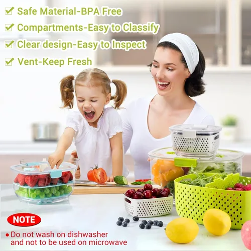 Miniatura 3 de LUXEAR Juego de 3 unidades de contenedores de almacenamiento de frutas y vegetales frescos, contenedor de almacenamiento de refrigerador sin BPA