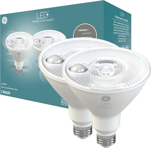 GE LED+ Bombillas de luz LED con sensor de movimiento, 14W, focos de inundación de seguridad para exteriores PAR38, blanco cálido, CAC (paquete de 2)
