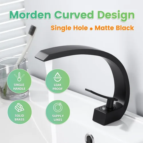 Miniatura 2 de Grifo de lavabo de baño moderno de un solo orificio de 1 manija, grifos de latón macizo negro mate, grifos de baño únicos grifos mezcladores