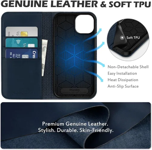 Miniatura 3 de SHIELDON Funda tipo cartera folio para iPhone 13 de 6.1 pulgadas, de piel auténtica, con función atril, bloqueo RFID, tarjetero magnético, Azul