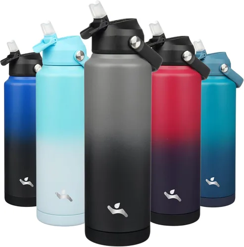 Miniatura 36 de Konokyo Botella de agua aislada con tapa de pajilla, botella de metal al vacío de acero inoxidable de 18 onzas con mango de silicona, color negro