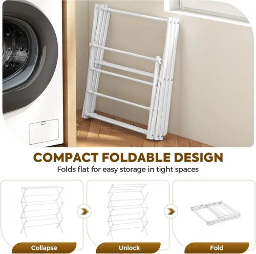 Miniatura 6 de KINGBOARD Tendedero de secado de ropa plegable con 11 postes, estante de secado de lavandería de 3 niveles, estante de secado de ropa pequeño Blanco