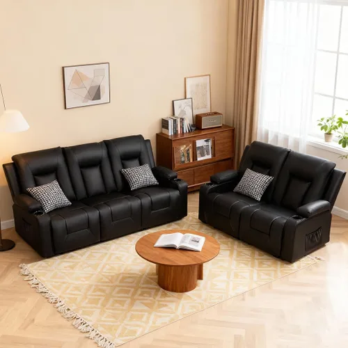 Miniatura 12 de COMHOMA Juego de muebles de sala de estar, juegos de sofá reclinable manual de piel sintética con portavasos, sofá reclinable, sofá biplaza