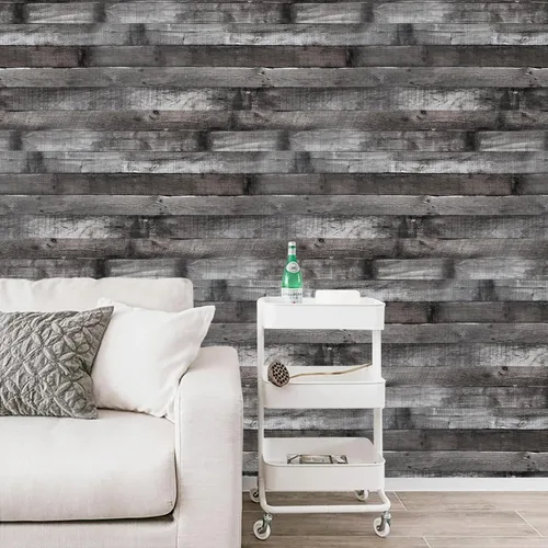 Miniatura 3 de Papel tapiz de madera vintage para despegar y pegar de 17.3"×80" gris/negro, papel de contacto de madera rústica, papel tapiz extraíble, papel