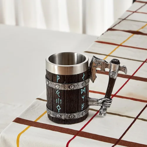 Miniatura 5 de Taza vikinga con mango de hacha, jarra de cerveza de madera de roble nórdico con inserto de acero inoxidable de 17 onzas, jarra de mitología Mango
