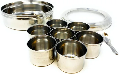 Miniatura 2 de Caja de especias Rani de acero inoxidable transparente redonda para almacenamiento (Masala Dabba) de 7 compartimentos, con cuchara