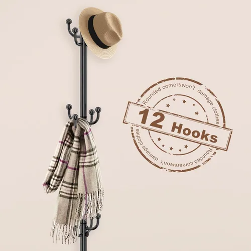Miniatura 4 de Perchero independiente con soporte para paraguas, perchero con 12 ganchos para ropa, bolsos, sombreros, perchero, árbol, perchero, sombrero, Marrón