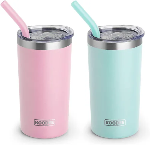 Miniatura 18 de Koodee - Vaso delgado de acero inoxidable de 20 onzas (4 unidades) aislado con doble pared, vaso de agua con 4 tapas, 4 popotes y 2 cepillos