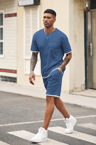 Miniatura 26 de COOFANDY Conjunto de camisa y pantalones cortos de gofre para hombre, conjunto de 2 piezas, conjunto casual de verano con bolsillos