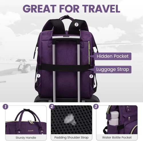 Miniatura 5 de LOVEVOOK - Mochila para laptop de mujer, de negocios, de viaje, bolsa de trabajo, Púrpura oscuro, 15,6 pulg.
