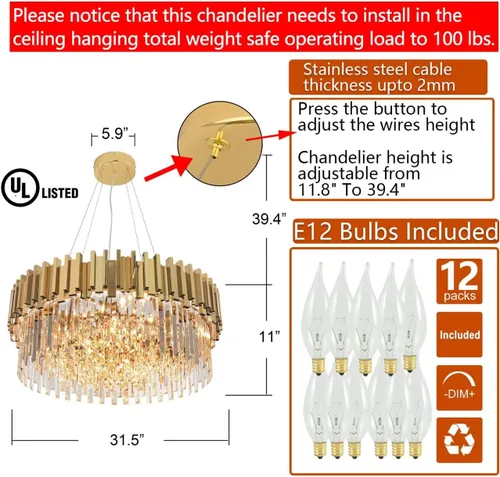 Miniatura 4 de Lámpara de araña de cristal moderna, luz LED, lámpara colgante con pantalla de acero inoxidable, candelabros para isla, luz para techo, comedor, 12