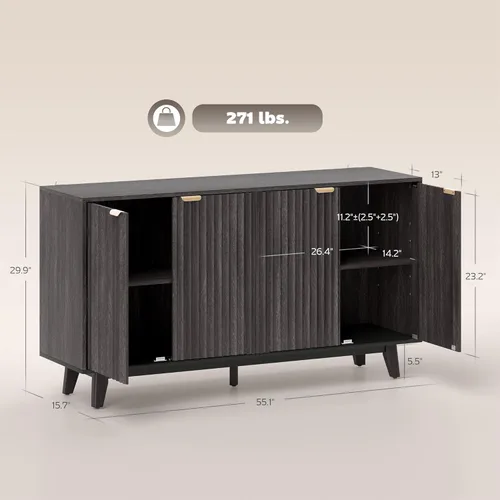 Miniatura 3 de HOMCOM Aparador de buffet con almacenamiento, mesa de buffet moderna acanalada de 55 pulgadas, gabinete de consola de barra de café con 2 estantes
