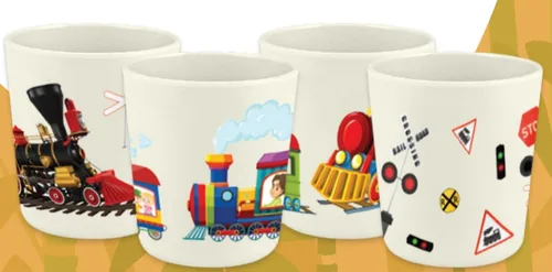 Juego de 4 tazas de bambú para fiestas temáticas de tren y tren para niños, resistentes a los golpes, sin BPA, tazas abiertas, 8 onzas