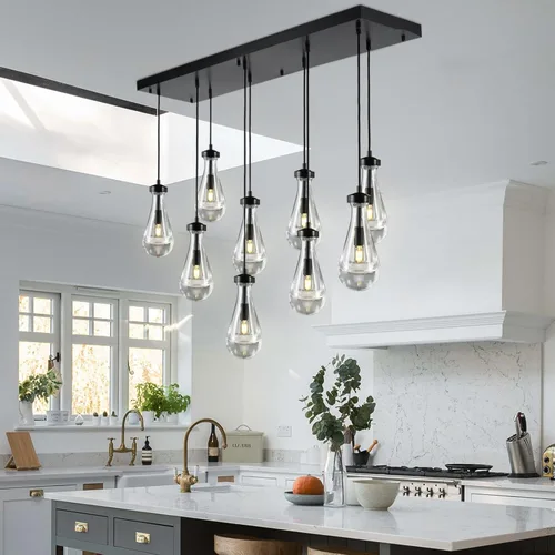Miniatura 15 de Luces Colgantes Modernas de Gota de Lluvia, Luces Colgantes para Isla de Cocina, Lámpara de Comedor con Barra de Latón, Candelabro de Gota de Lluvia