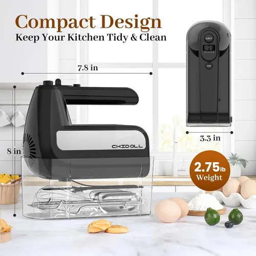 Miniatura 8 de Batidora de mano eléctrica de 5 velocidades, batidora de mano de 800W con turbo para hornear y cocinar, mezclador de alimentos de cocina con estuche