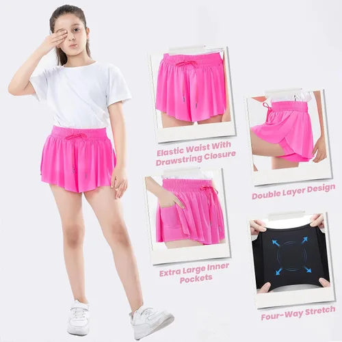 Miniatura 2 de Paquete de 3 pantalones cortos fluidos para niñas con bolsillos, 2 en 1, faldas de mariposa fluidas para jóvenes, pantalones cortos para correr