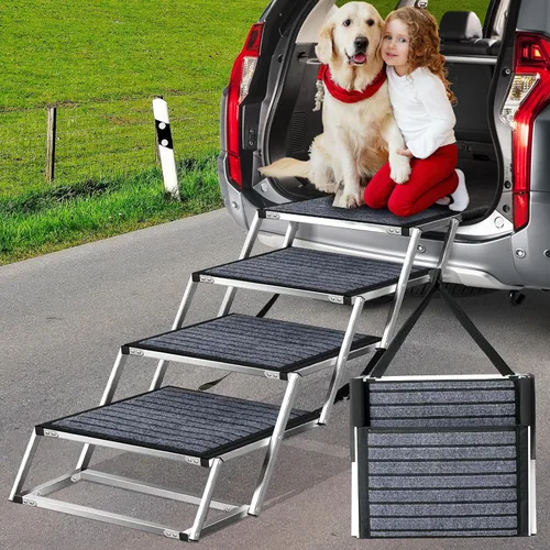 Miniatura 8 de Rampa para perros para automóvil, escalera extra ancha para automóvil para perros grandes, escalones para mascotas de aluminio ligero plegables