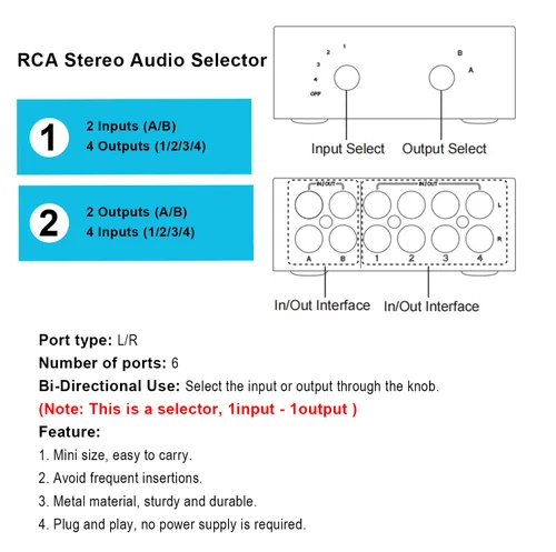 Miniatura 4 de Selector de audio estéreo de 4 vías, caja divisora bidireccional L/R de audio estéreo adecuado para conectar reproductores Blu-ray o reproductores