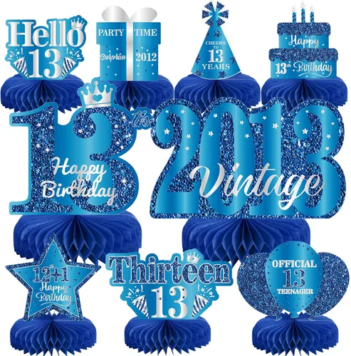 9 decoraciones de cumpleaños de 13 años, decoración de fiesta de cumpleaños de 13 años, color azul y plateado, para adolescentes, niños y niñas,