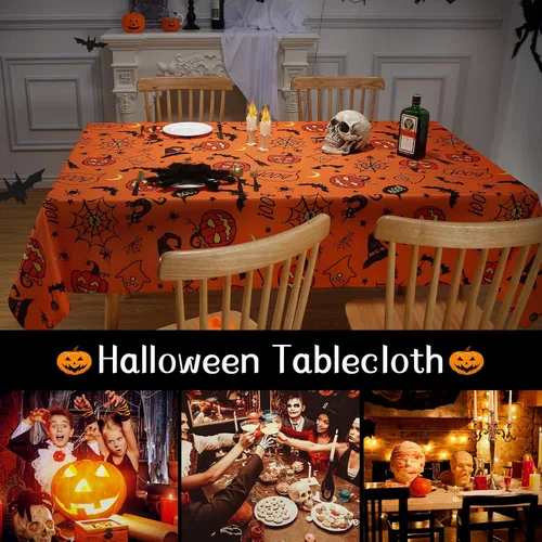 Miniatura 6 de CAROMIO Mantel de Halloween, tela de araña y calabaza, mantel impermeable de telaraña de murciélago y fantasma, decoración de mesa de Halloween
