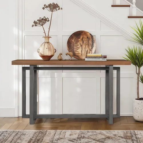 Miniatura 8 de Mesa de sofá de 59.05 pulgadas para sala de estar, mesa consola Morden, mesa rectangular estrecha de madera maciza con patas de madera de goma