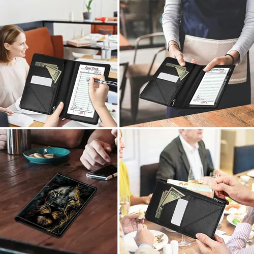 Miniatura 7 de Libros para camarera, cartera de cuero con bolsillo con cremallera, 7 bolsillos de almacenamiento para recetas y cheques, soporte para bolígrafos