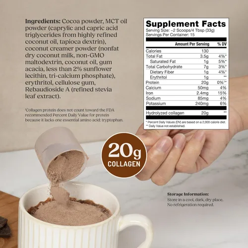 Miniatura 2 de Polvo de proteína de colágeno Bulletproof con chocolate y aceite MCT, 19g de proteína, 17.6 onzas, péptidos de colágeno y aminoácidos para una piel