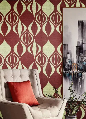 J1359-10M - Papel tapiz moderno geométrico abstracto con ondas, pelar y pegar, 17.7 pulgadas x 32.8 pies, papel de contacto extraíble rojo/dorado,