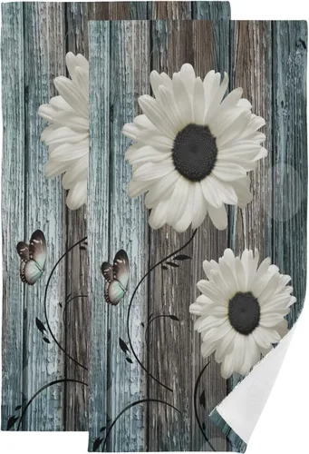 Miniatura 11 de Juego de 2 toallas de mano de color azul y marrón para baño, diseño rústico de margaritas blancas y florales, de primavera, suaves, absorbentes