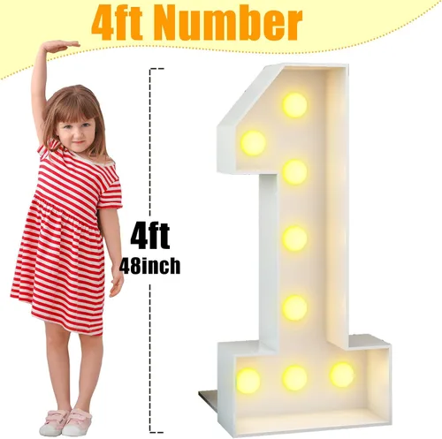 Miniatura 5 de Números blancos iluminados de 4 pies con luces para decoración de fiesta de primer cumpleaños, marco grande de mosaico de marquesina con ranuras