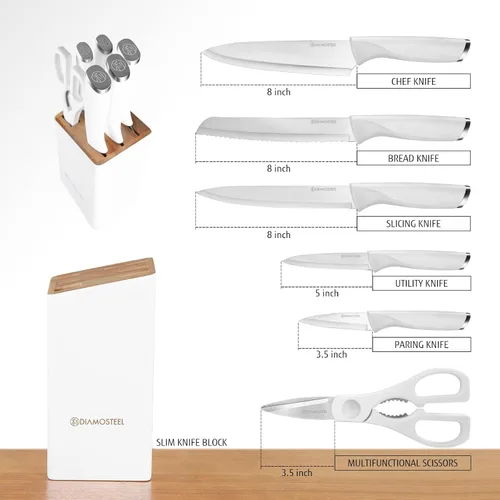 Miniatura 2 de Juego de cuchillos blancos con bloque, juego de 7 piezas de bloque de cuchillos pequeños con hoja de acero inoxidable, mango ergonómico, juego